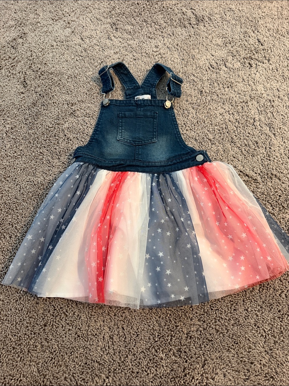 Epic Threads Denim Overall Dress with Red, White & Blue Star Tulle